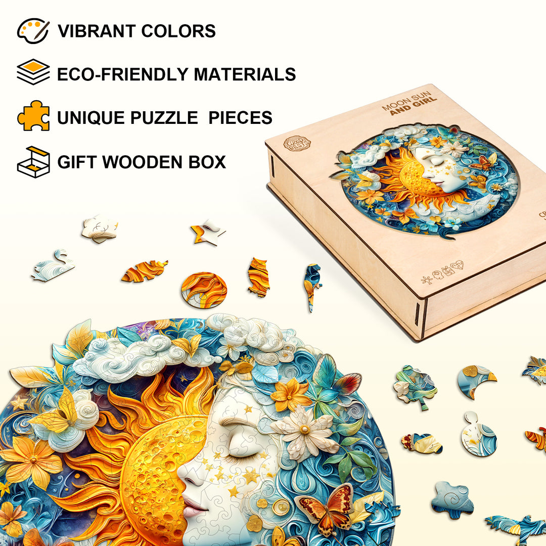 Moon sun and girl Wooden Jigsaw Puzzle