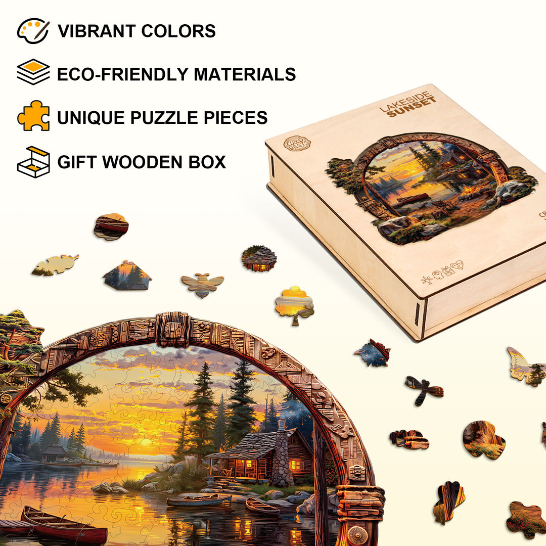 Lakeside sunset Wooden Jigsaw Puzzle