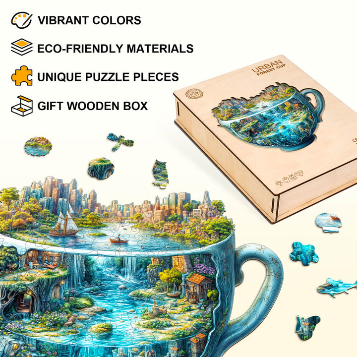 Urban Forest Cup wooden jigsaw puzzle featuring vibrant colors and eco-friendly materials in a gift box.