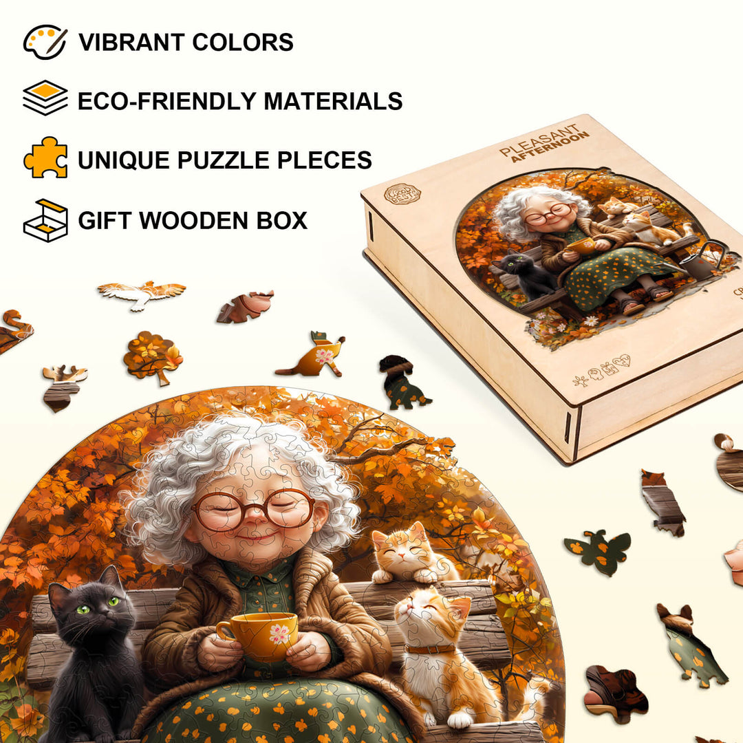 Wooden jigsaw puzzle titled 'Pleasant Afternoon' featuring vibrant colors and unique pieces in an eco-friendly gift box.
