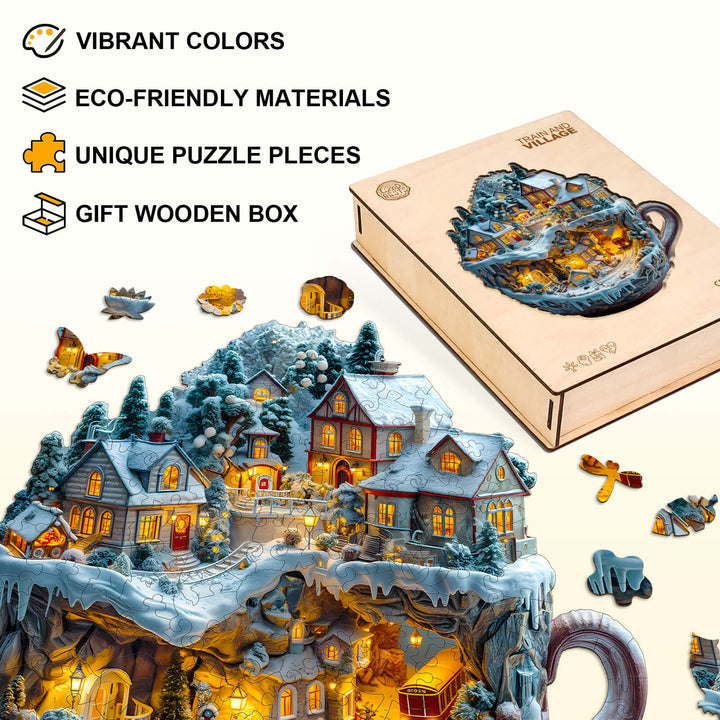 Colorful Train and Village wooden jigsaw puzzle with eco-friendly pieces, perfect for gifts and mental challenge.
