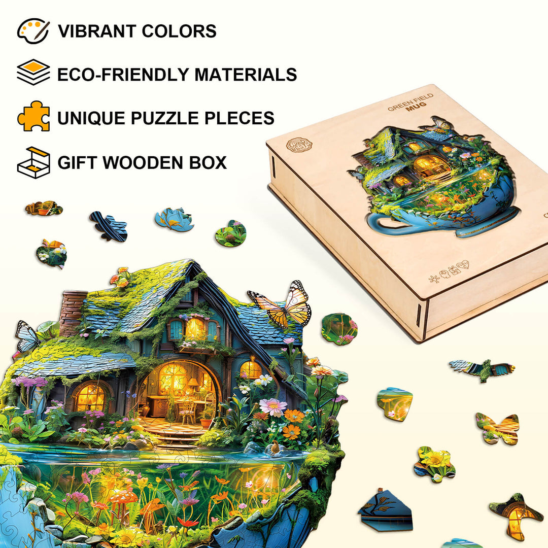 Green Field mug wooden jigsaw puzzle featuring vibrant colors, eco-friendly pieces, and a unique gift box.