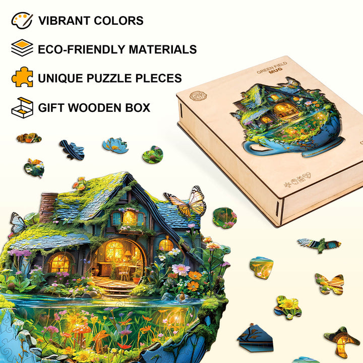 Green Field mug wooden jigsaw puzzle featuring vibrant colors, eco-friendly pieces, and a unique gift box.