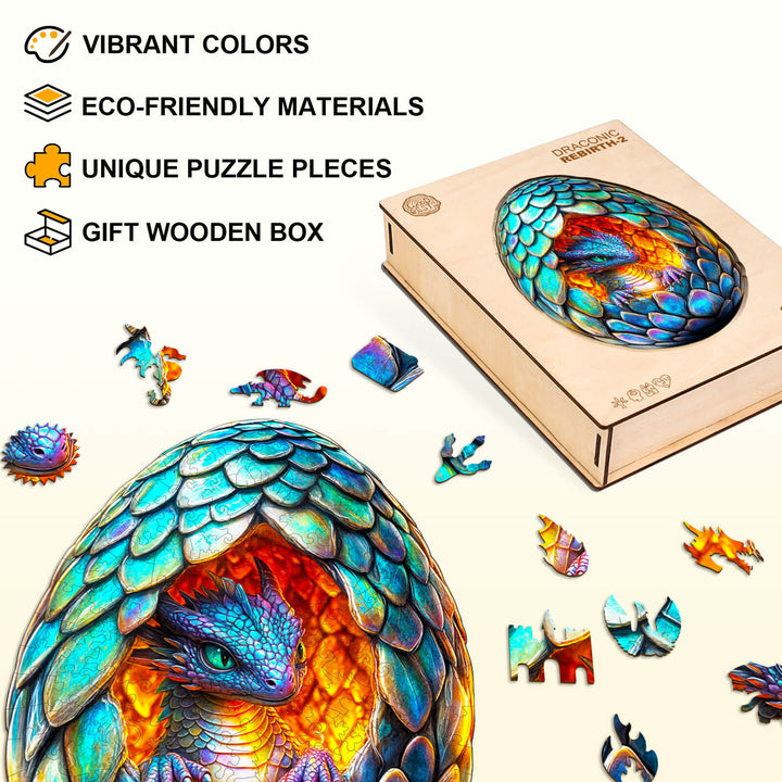 Draconic Rebirth-2 wooden jigsaw puzzle with vibrant colors, eco-friendly materials, and unique puzzle pieces in a gift box.