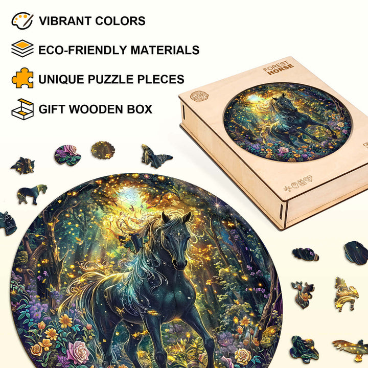 Forest Horse Wooden Jigsaw Puzzle featuring vibrant colors, unique pieces, and eco-friendly materials in a gift box.