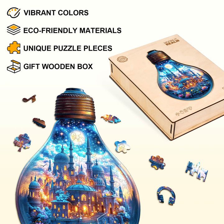 Moonlit Realm Wooden Jigsaw Puzzle featuring vibrant colors and eco-friendly materials in a gift wooden box.