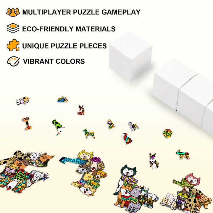 Colorful Rich Dog puzzle pieces showcasing eco-friendly materials for multiplayer gameplay, featuring unique designs.