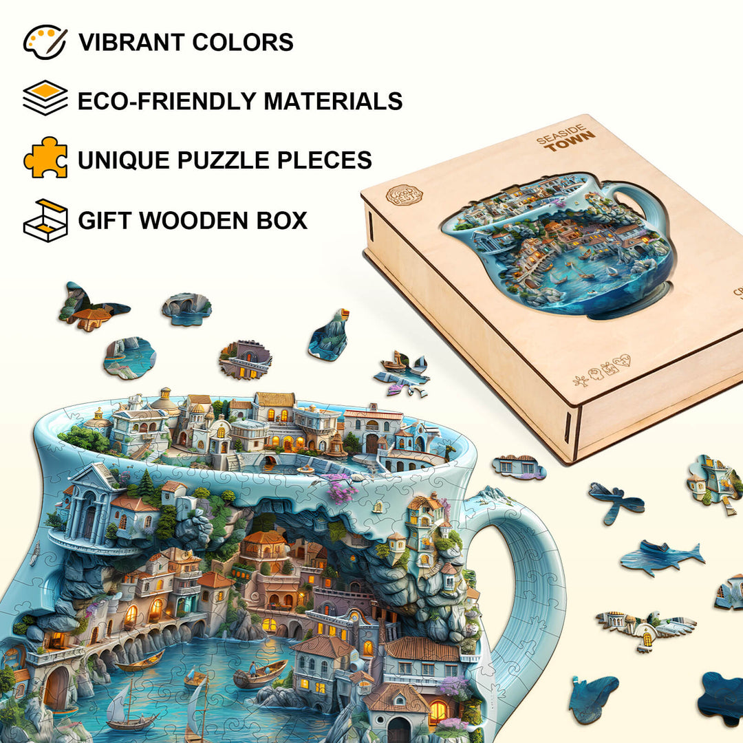 Seaside town wooden jigsaw puzzle showcasing vibrant colors and unique puzzle pieces in a gift box.