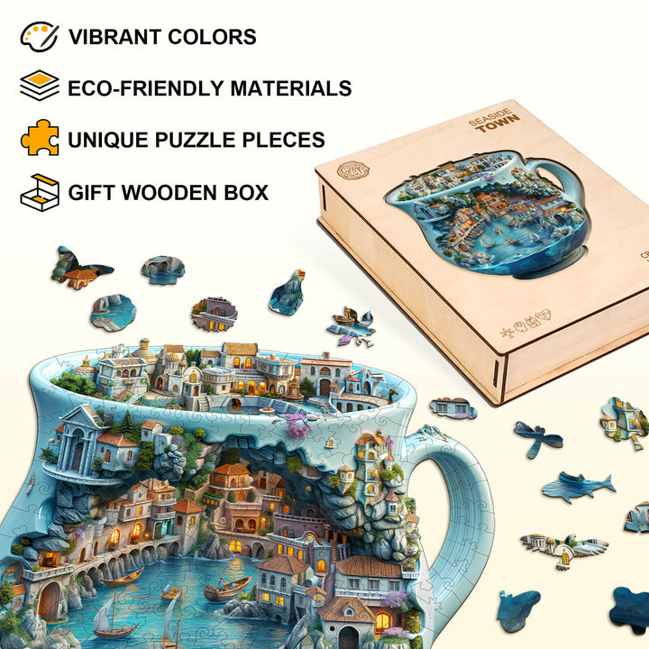 Seaside town wooden jigsaw puzzle showcasing vibrant colors and unique puzzle pieces in a gift box.