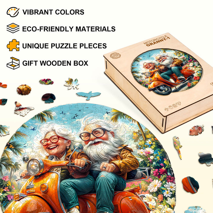 Motorcycle Granny-1 wooden jigsaw puzzle featuring vibrant colors, eco-friendly materials, and unique pieces in a gift box.