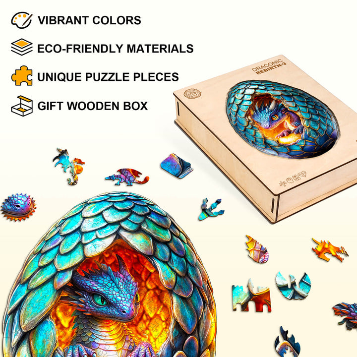 Draconic Rebirth-3 wooden jigsaw puzzle showcasing vibrant colors, eco-friendly pieces, and a gift box.