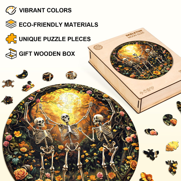 Skeleton Moon Glee wooden jigsaw puzzle with vibrant colors, unique pieces, and eco-friendly materials in a gift box.
