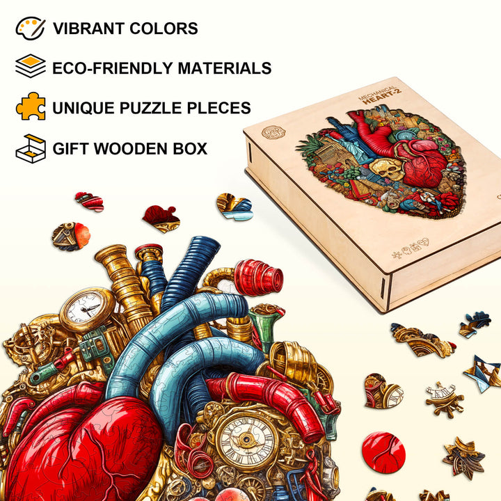 Mechanical Heart-2 wooden jigsaw puzzle with vibrant colors, eco-friendly materials, and unique pieces in a gift box.