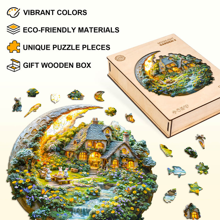 Moonlight Garden-2 wooden jigsaw puzzle with vibrant colors and eco-friendly materials, featuring unique pieces and a gift box.