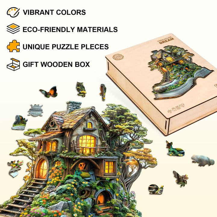 Treehouse Dream wooden jigsaw puzzle with vibrant colors, eco-friendly materials, and unique pieces in a gift box.