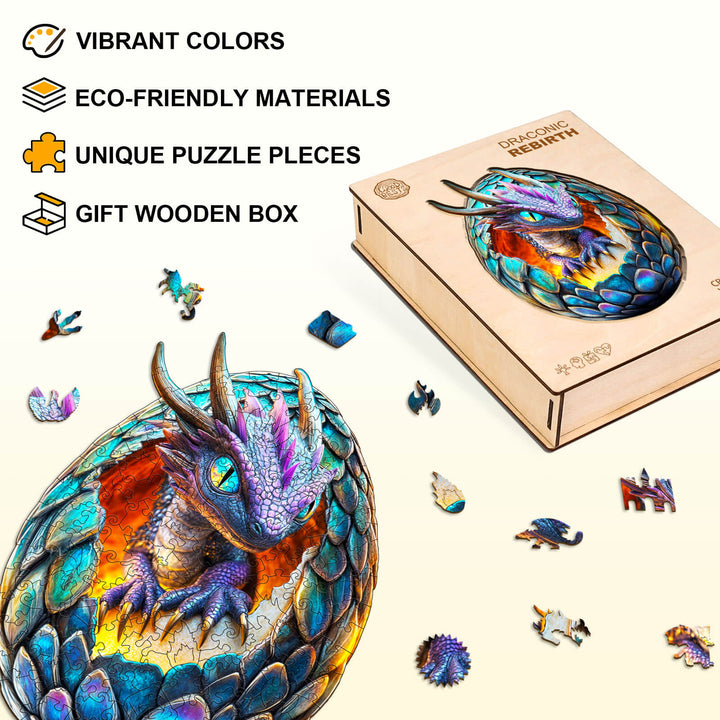 Draconic Rebirth wooden jigsaw puzzle in vibrant colors, featuring eco-friendly materials and unique pieces placed beside its gift box.