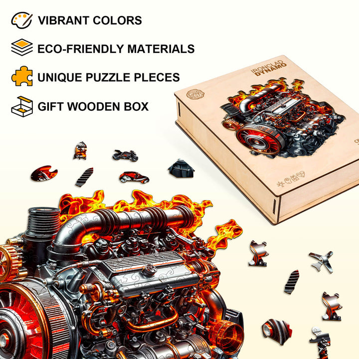 Ironclad Dynamo wooden jigsaw puzzle showcasing vibrant colors, eco-friendly materials, and unique pieces in a gift box.