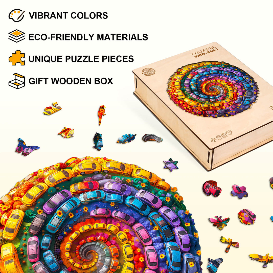 Colorful Swirl Car-1 Wooden Jigsaw Puzzle