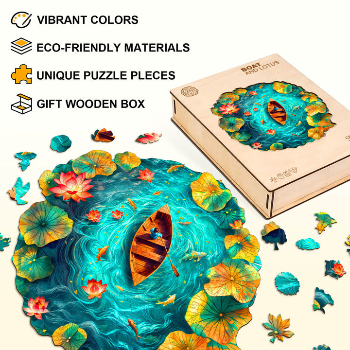 Boat and Lotus Wooden Jigsaw Puzzle