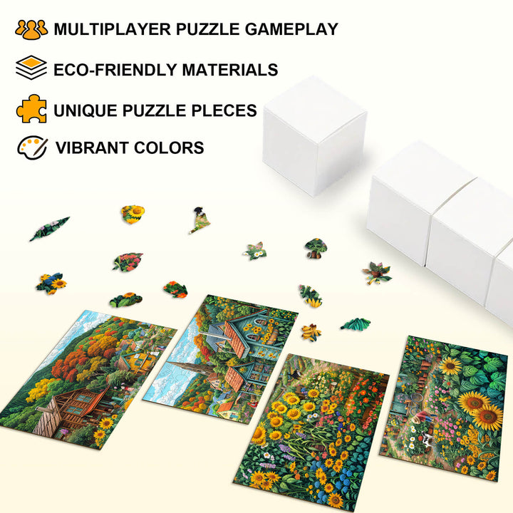 Colorful jigsaw puzzle pieces laid out, showcasing eco-friendly materials and vibrant designs for multiplayer gameplay.