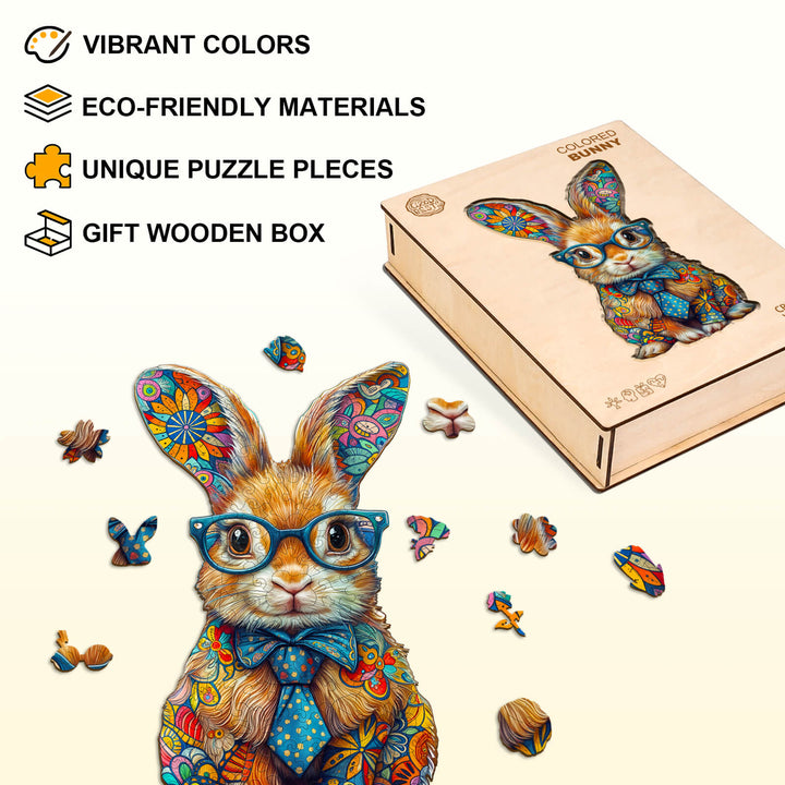 Colored bunny wooden jigsaw puzzle with vibrant colors, eco-friendly materials, and unique pieces in a gift box.