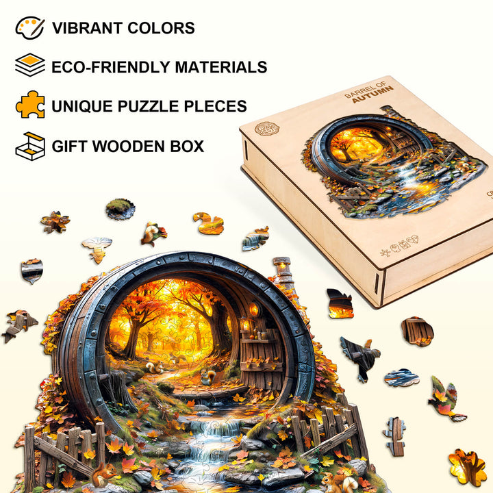 Barrel of Autumn wooden jigsaw puzzle featuring vibrant colors, eco-friendly materials, and unique pieces, packaged in a gift box.