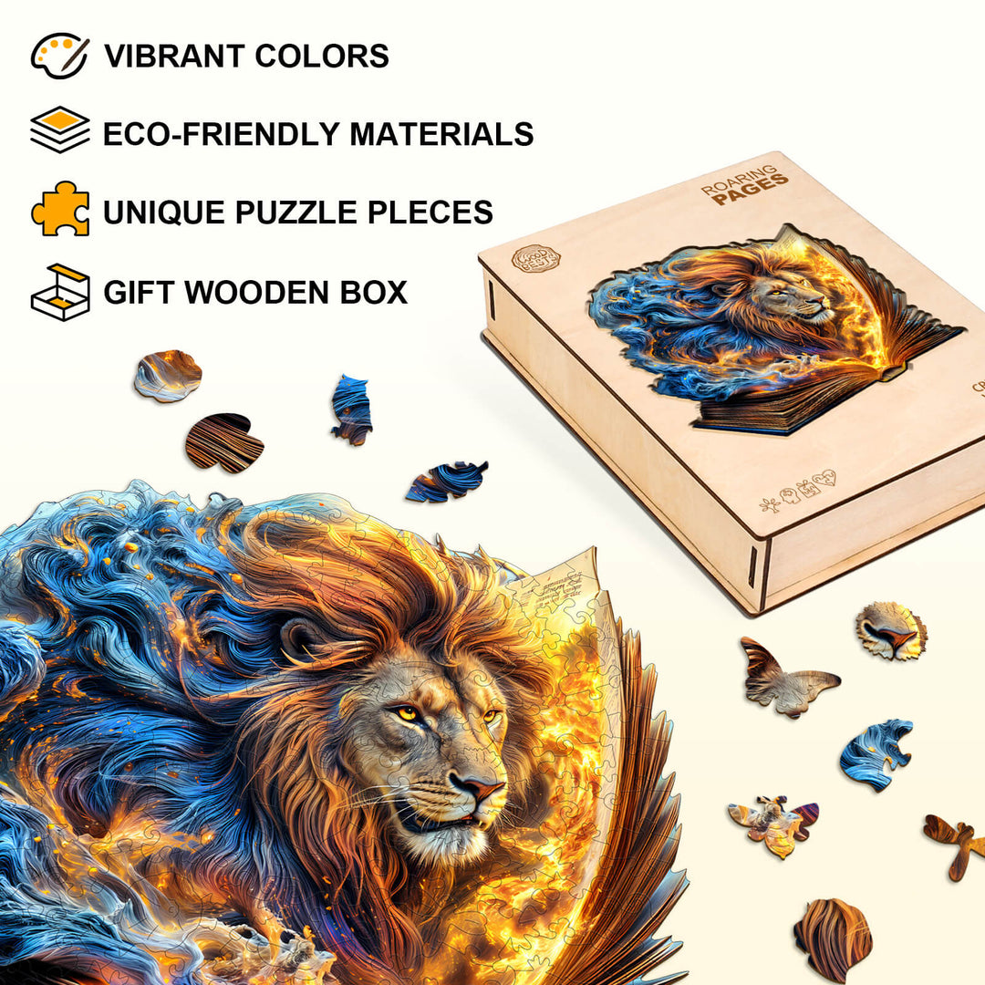 Roaring Pages Wooden Jigsaw Puzzle with colorful lion artwork, eco-friendly materials, unique pieces, and gift box.