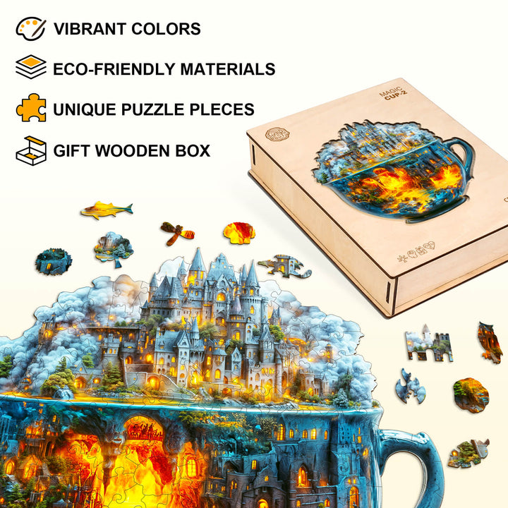 Magic cup-2 wooden jigsaw puzzle displayed with vibrant colors, eco-friendly materials, and a gift wooden box.