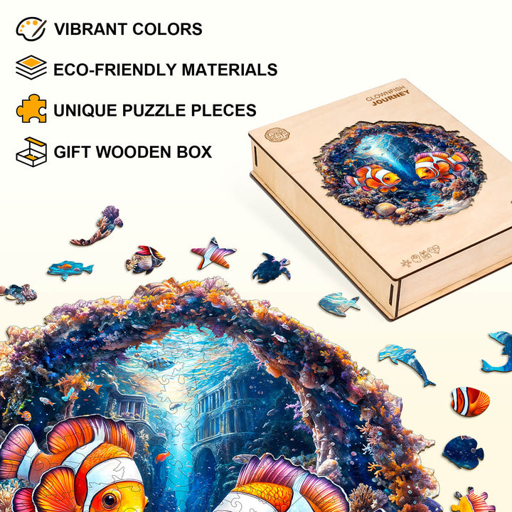 Clownfish Journey wooden jigsaw puzzle showcasing vibrant colors and eco-friendly materials in a gift box.