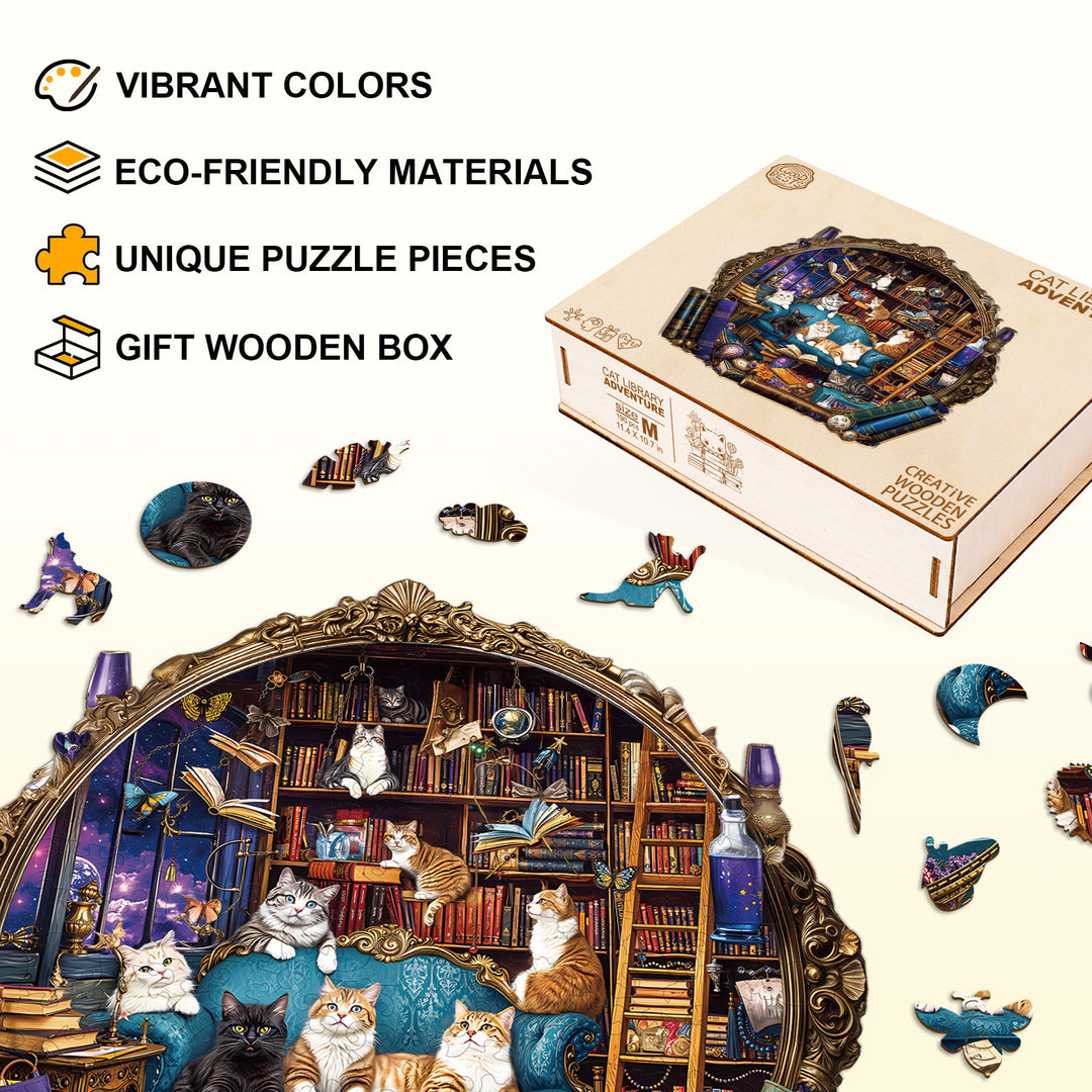 Cat Library Adventure Wooden Jigsaw Puzzle