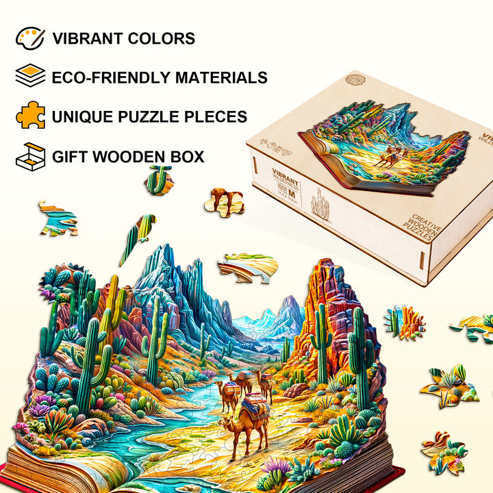 Vibrant Wilderness Wooden Jigsaw Puzzle with colorful desert landscape, eco-friendly materials, and unique pieces in gift box.
