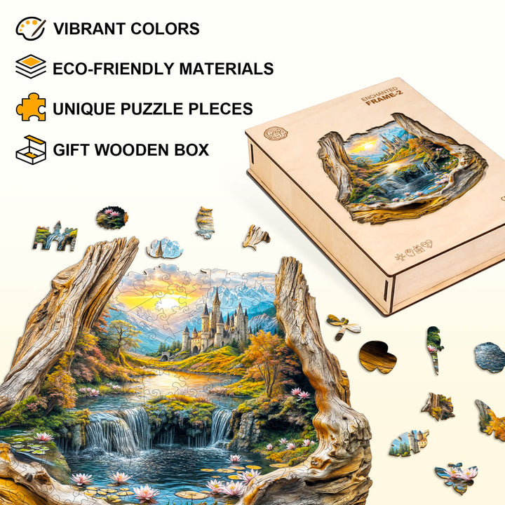 Enchanted Frame-2 wooden jigsaw puzzle with vibrant colors and eco-friendly materials, packed in a gift wooden box.