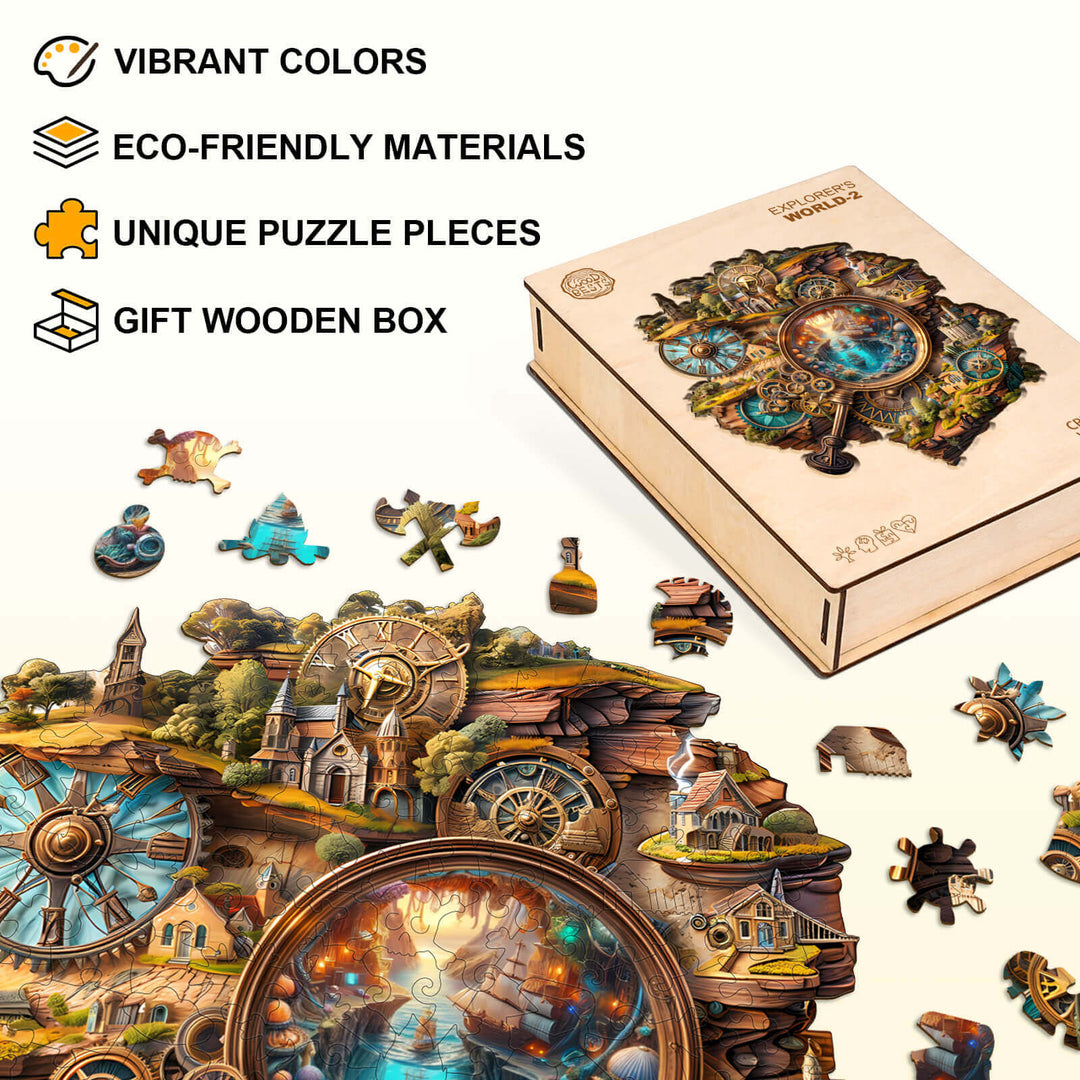 Explorer's World-2 Wooden Jigsaw Puzzle with vibrant colors, eco-friendly materials, and unique pieces in a gift box.