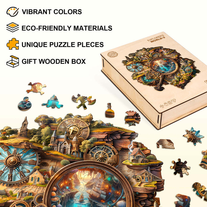 Explorer's World-2 Wooden Jigsaw Puzzle with vibrant colors, eco-friendly materials, and unique pieces in a gift box.