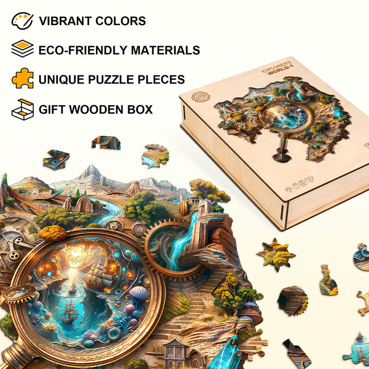Explorer's World-1 wooden jigsaw puzzle with vibrant colors in eco-friendly materials, featuring unique pieces and a gift wooden box.
