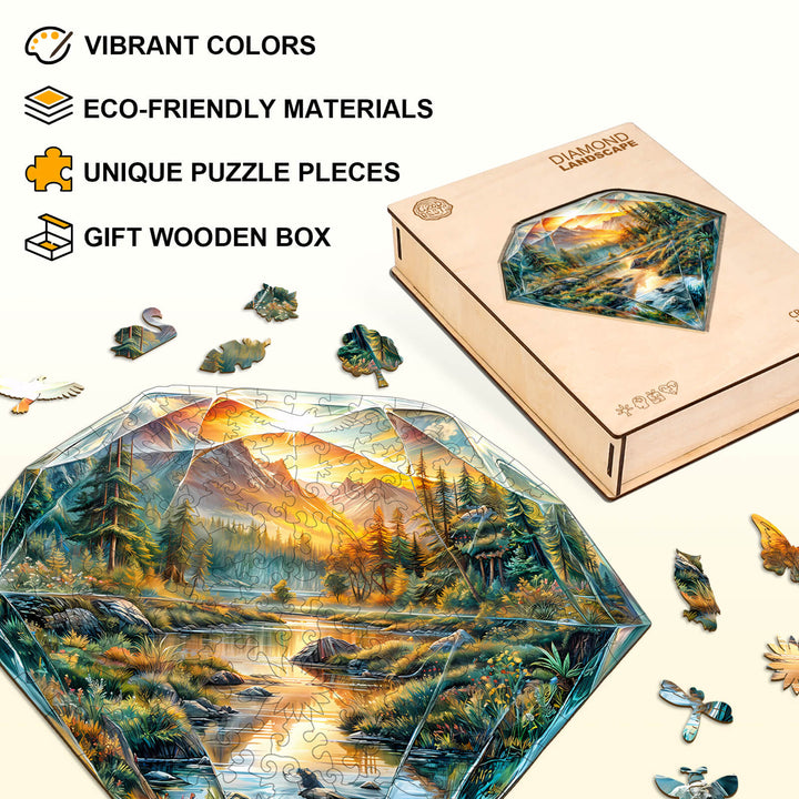 Diamond Landscape Wooden Jigsaw Puzzle with vibrant colors, eco-friendly materials, and unique pieces in a gift box.