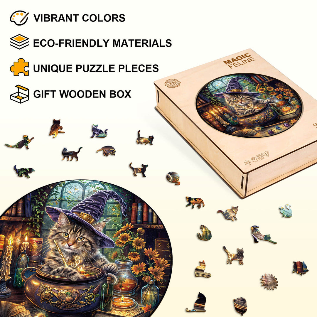 Magic Feline wooden jigsaw puzzle featuring a colorful cat design, eco-friendly materials, and unique puzzle pieces.
