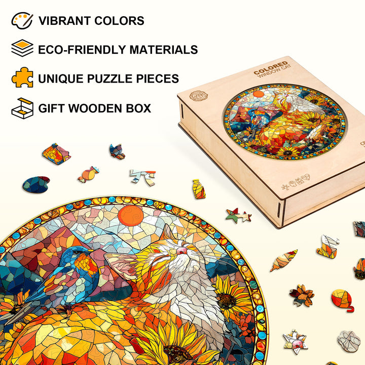 Colored Window Cat Wooden Jigsaw Puzzle
