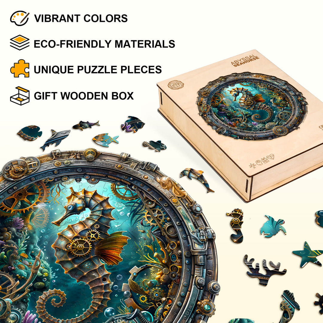 Abyssal seahorse wooden jigsaw puzzle with vibrant colors, eco-friendly materials, and unique pieces in a gift box.