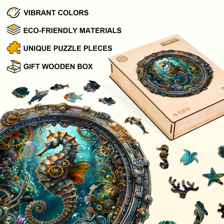Abyssal seahorse wooden jigsaw puzzle with vibrant colors, eco-friendly materials, and unique pieces in a gift box.