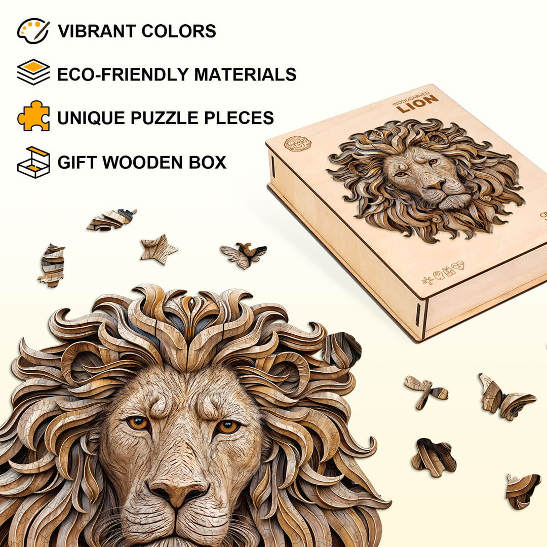 Puzzle en bois découpé représentant un lion sculpté