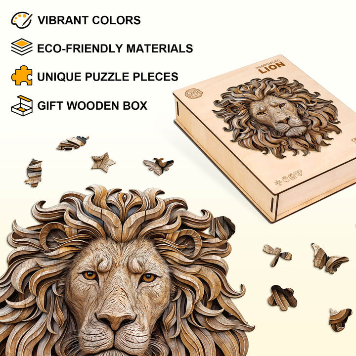 Puzzle en bois découpé représentant un lion sculpté