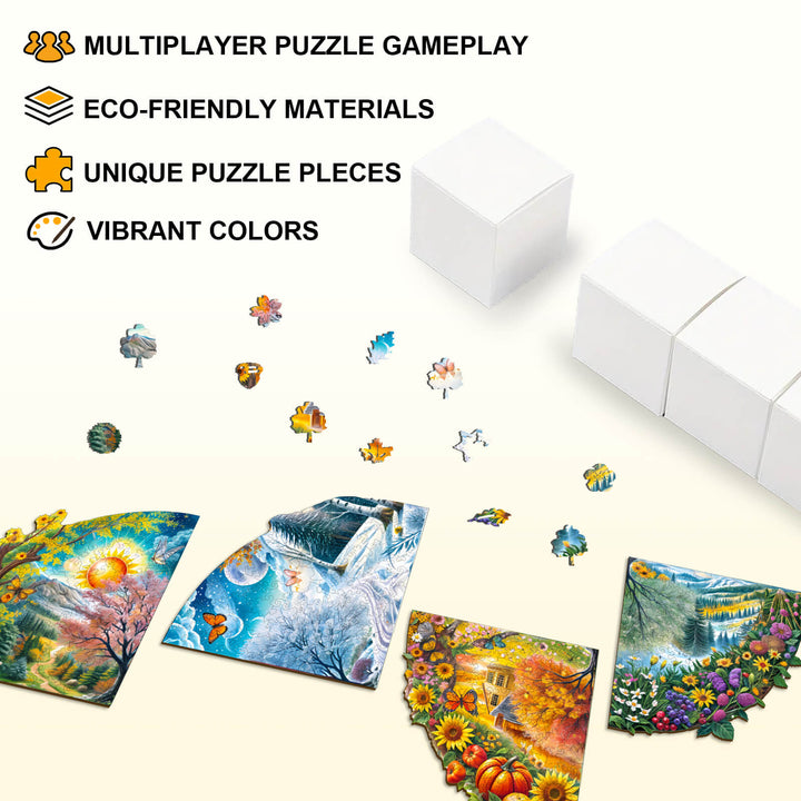 Four Seasons party puzzle featuring vibrant colors, eco-friendly materials, and unique puzzle pieces for multiplayer gameplay.