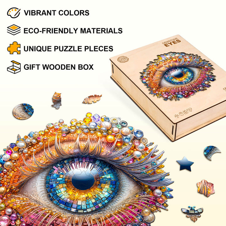 Puzzle en bois avec yeux en pierres précieuses