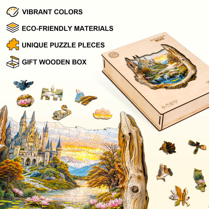 Enchanted Frame-1 wooden jigsaw puzzle with vibrant colors, eco-friendly materials, and unique puzzle pieces in a gift box.