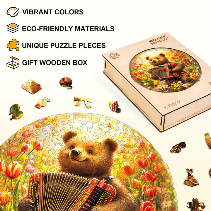 Melody Meadow Wooden Jigsaw Puzzle featuring vibrant colors, eco-friendly materials, and unique puzzle pieces in a gift box.