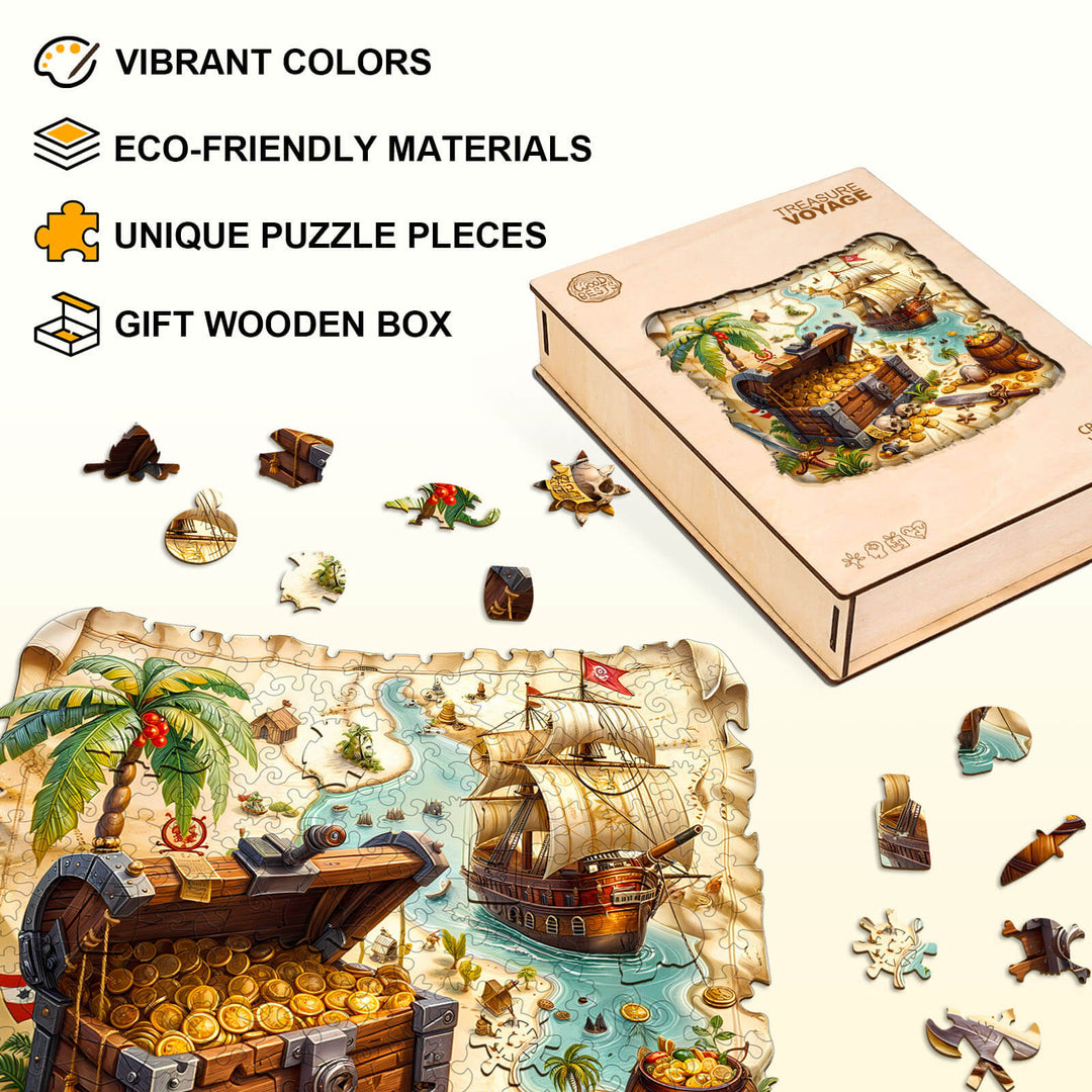 Treasure voyage wooden jigsaw puzzle with vibrant colors, unique pieces, and eco-friendly materials in a gift box.