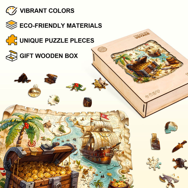 Treasure voyage wooden jigsaw puzzle with vibrant colors, unique pieces, and eco-friendly materials in a gift box.