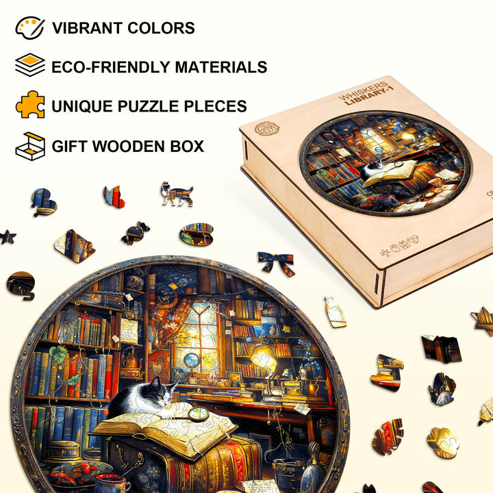 Whiskers Library-1 wooden jigsaw puzzle with vibrant colors, eco-friendly materials, and unique pieces in a gift box.