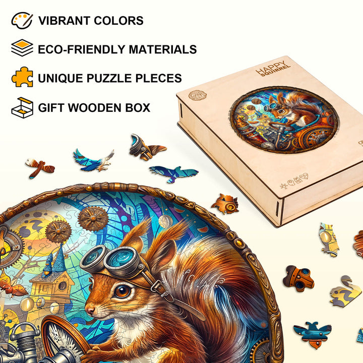 Happy squirrel wooden jigsaw puzzle with vibrant colors and eco-friendly materials in a gift box.